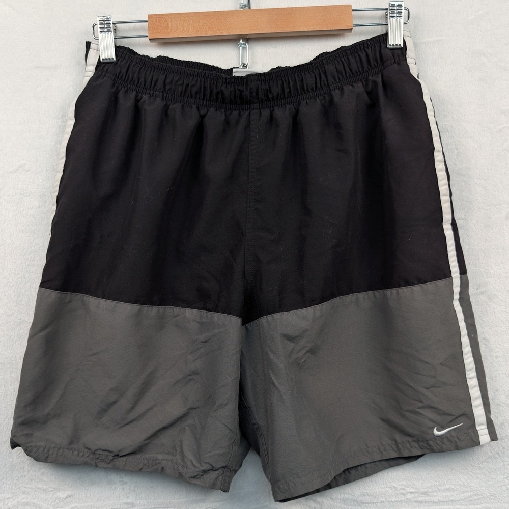 Nike Swim Shorts Men's Large Black Gray Colorblock Sporty 9" Inseam Side Stripe